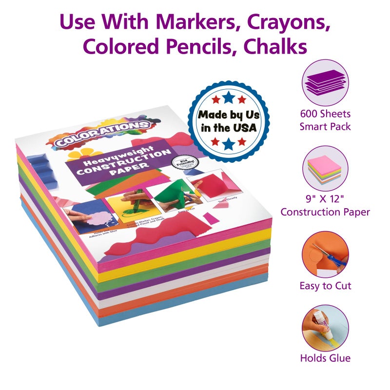 Colorations Construction Paper for Kids - 7 Bright Colors - 600 Bulk Sheets of 9"X12" - Assorted Pack of Heavy-Duty Craft Paper, Bulk School Supplies - Image 2